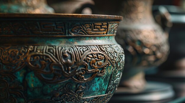 An image showcasing the craftsmanship of Shang Dynasty bronze vessels with intricate patterns and de