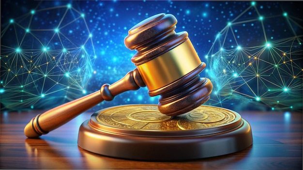 Photo an image showing a judges gavel hovering over digital coins representing laws