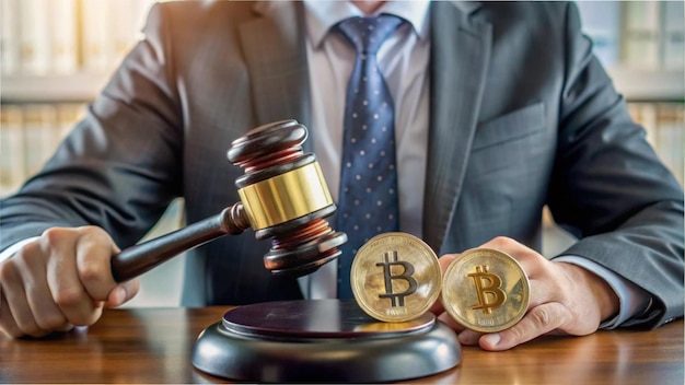 Photo an image showing a judges gavel hovering over digital coins representing laws