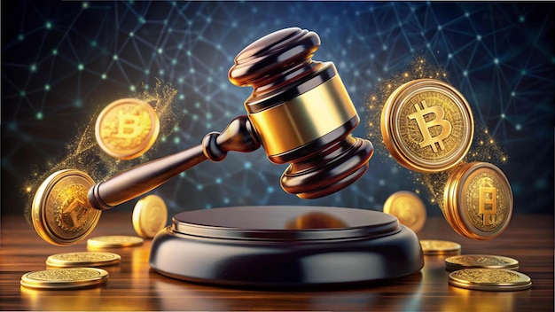 Photo an image showing a judges gavel hovering over digital coins representing laws