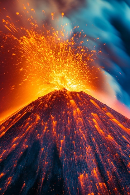 Photo image showing of a powerful volcanic eruption showing vibrant colors and intense heat