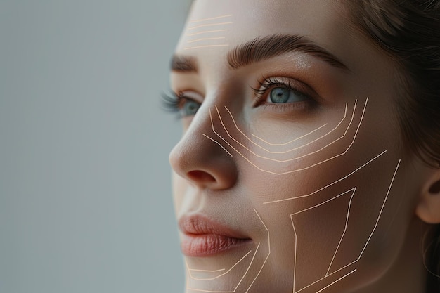 An image showing a womans face with drawn lines indicating potential cosmetic enhancements in variou