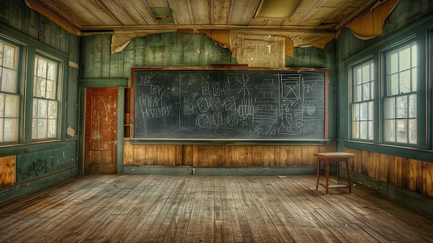 The image shows an abandoned classroom with a blackboard wooden chair and windows The room is in disrepair with peeling paint and a broken window