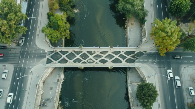 Photo the image shows an aerial view of a bridge over a river