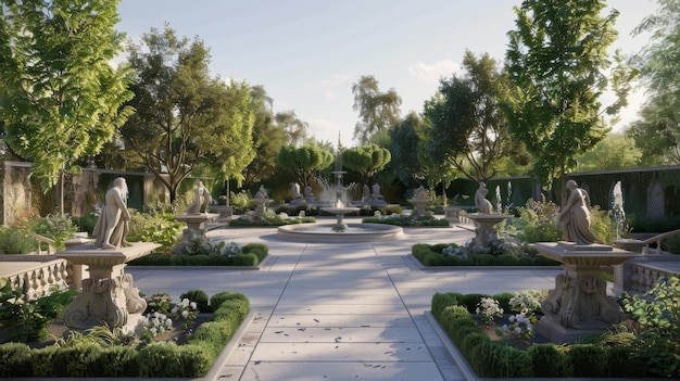 The image shows a beautiful garden with a fountain in the middle The garden is full of green plants and flowers