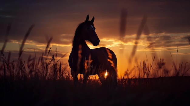 The image shows a beautiful horse standing in a field of tall grass