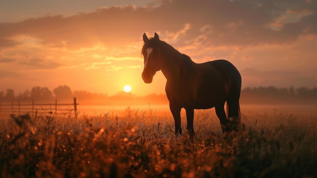 The image shows a beautiful landscape with a horse standing in a field of tall grass