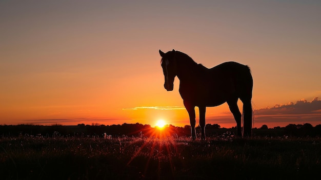 The image shows a beautiful landscape with a horse standing in the middle