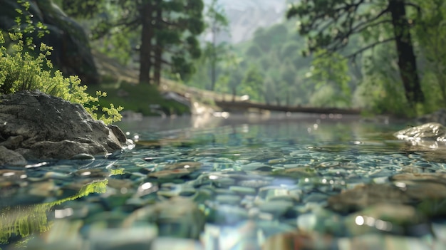 The image shows a beautiful mountain stream with crystal clear water flowing over smooth rocks