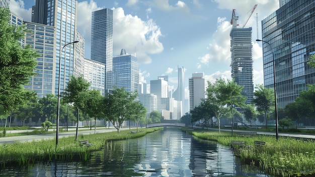 The image shows a beautiful urban park with a river flowing through it The park is surrounded by tall buildings and lush trees