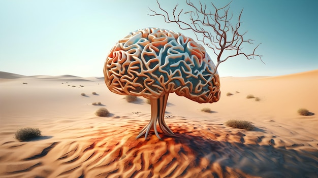 The image shows the brain in a desert area on a desert in the style of psychedelic realism photorealistic techniques