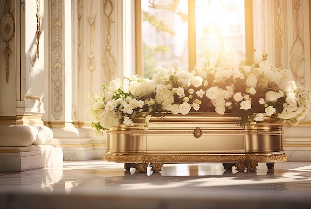 the image shows a casket with flowers inside it in the style of golden light