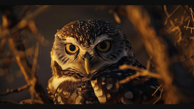 The image shows a close up of an owl staring at the camera with a blurred background