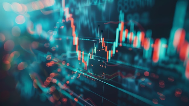 The image shows a closeup of a computer screen displaying stock market data and charts The da