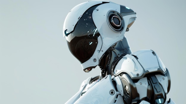 The image shows a closeup of a female robots face She is wearing a white helmet with a black visor Her face is expressionless She is looking at the viewer with her right eye