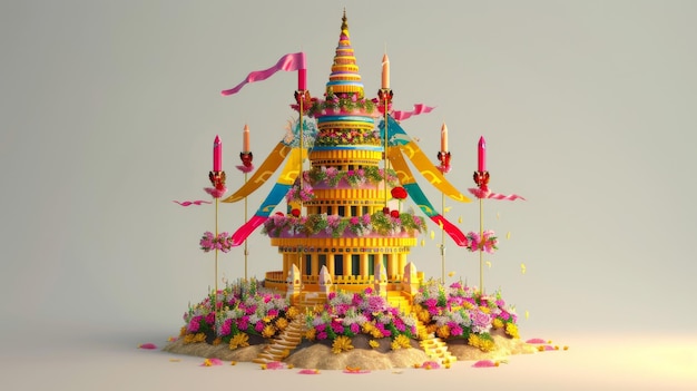 The image shows a colorful 3D rendering of a castle or temple with intricate details and bright colors