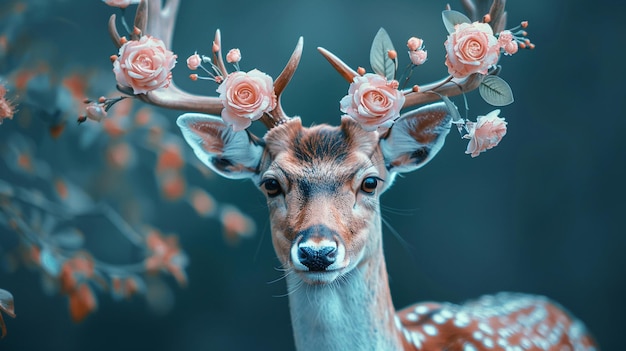 The image shows a deer wearing a crown of roses