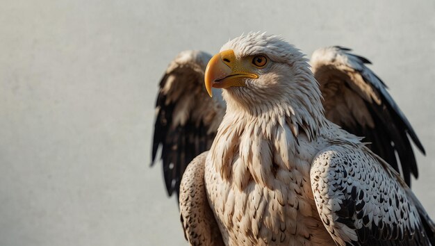 The image shows an eagle with white and brown feathers spread out against a pale blue background