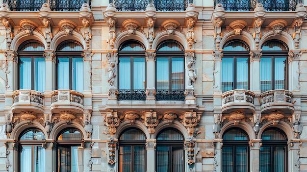 The image shows the facade of a grand building with ornate details The building is made of beige marble and has many windows and balconies