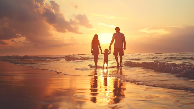 The image shows a family of three walking on the beach at sunset The sun is setting over the ocean