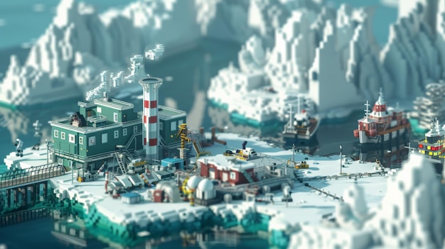 The image shows a frozen city built on ice and snow