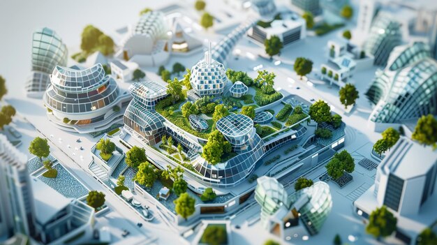 The image shows a futuristic city with white buildings and green vegetation The buildings are tall and have a lot of glass The city is very clean and there are no people in it