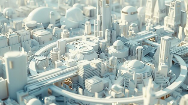 The image shows a futuristic city with white buildings and a lot of greenery