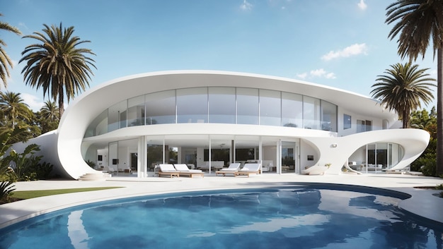 The image shows a futuristic house with a curved white exterior and large glass windows It has a sw