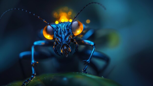 The image shows a glowing blue and orange beetlelike insect up close