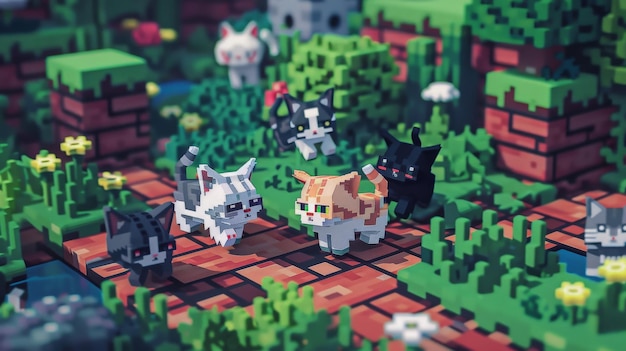 The image shows a group of cats in a Minecraft world