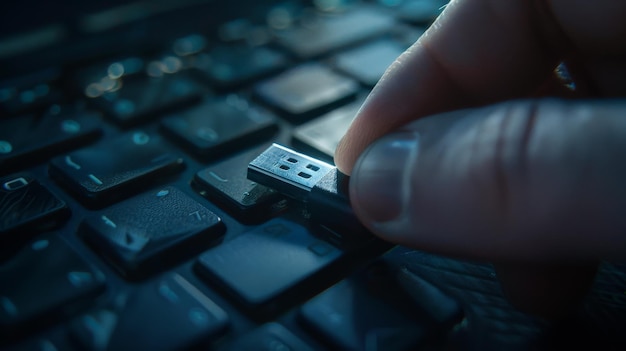 Photo the image shows a hand holding a broken usb flash drive the background is a dark keyboard the image is taken from a low angle