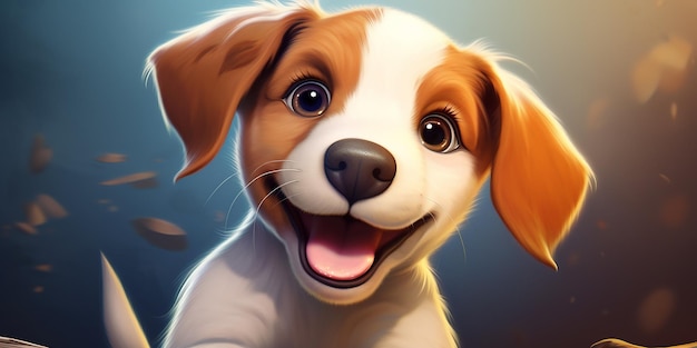 The image shows a happy and excited puppy rendered in a cartoon style