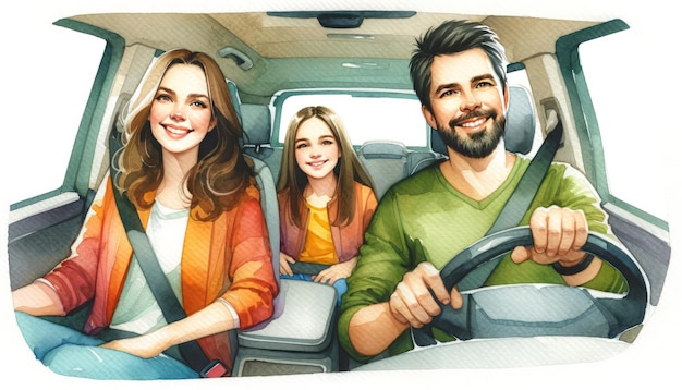 The image shows a joyful family road trip with a father mother and daughter smiling in a car