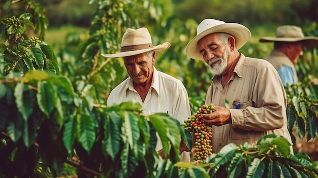 An image shows joyful farmers gathering Arabica coffee beans from a coffee tree GENERATE AI