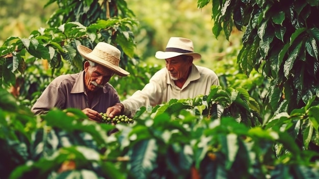 An image shows joyful farmers gathering Arabica coffee beans from a coffee tree GENERATE AI