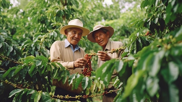 An image shows joyful farmers gathering Arabica coffee beans from a coffee tree GENERATE AI