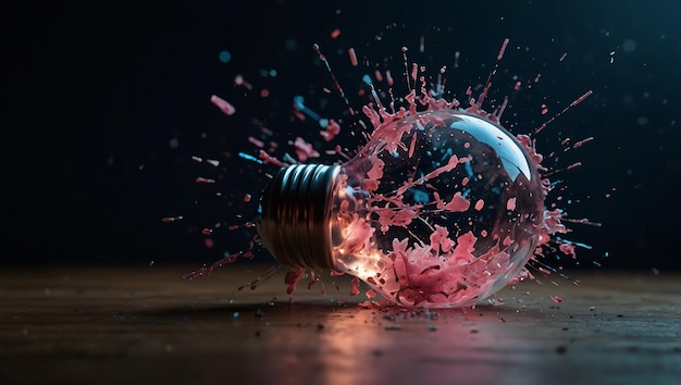 Photo the image shows a light bulb shattering into tiny fragments with a dramatic explosion effect the broken pieces of glass are dispersed in various directions