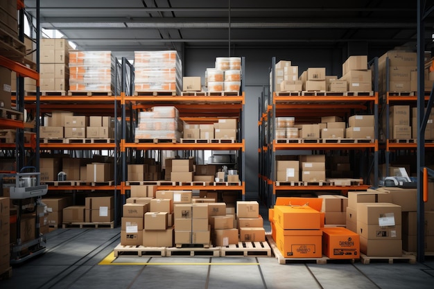 The image shows a logistics warehouse with various items neatly arranged on shelves and ready for