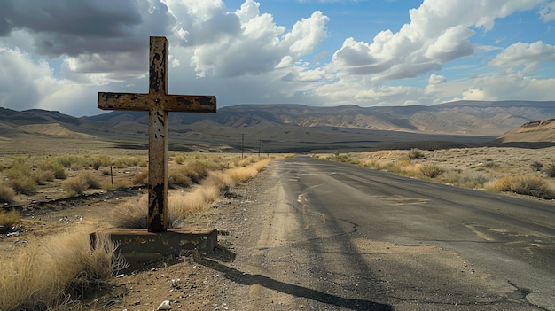 The image shows a lonely cross standing by the side of a desolate road The cross is made of wood and is weathered and worn