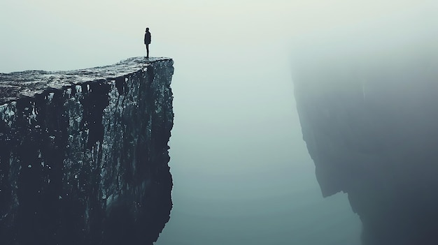 Photo the image shows a lonely figure standing on a cliff looking out at a vast foggy landscape