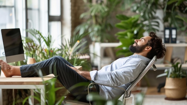 Photo the image shows a man relaxing in a comfortable chair in a green office