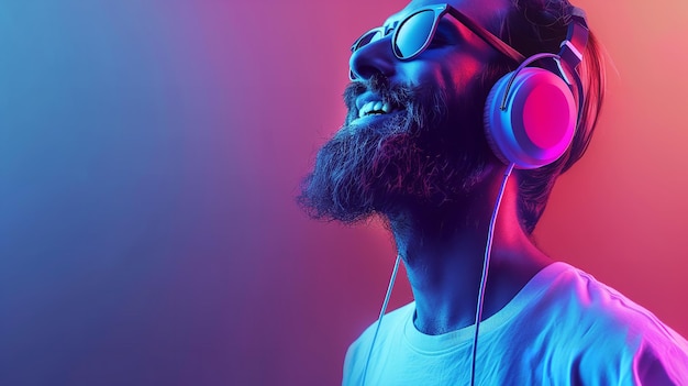 The image shows a man wearing a white tshirt sunglasses and headphones Generative AI