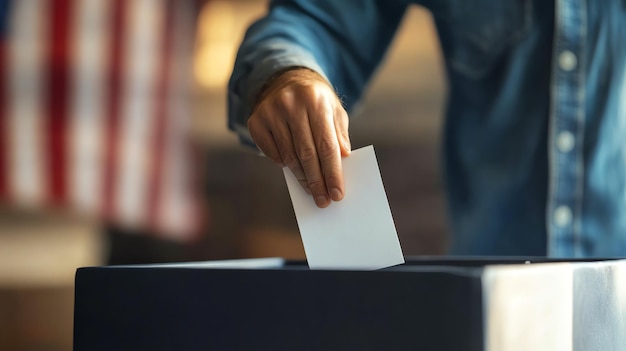 Photo the image shows a person casting a ballot in a ballot box the person is wearing a denim shirt and is out of focus the american flag is in the blurred background the image is a reminder o