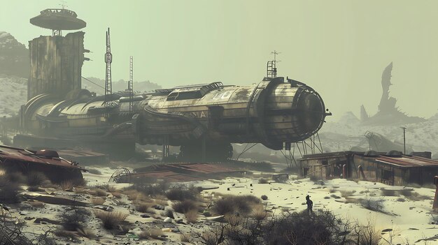 The image shows a postapocalyptic landscape with a large rusty spaceship in the foreground