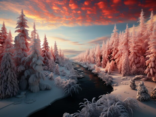 Photo the image shows a river flowing through a snowy forest the trees are pink all covered with snow