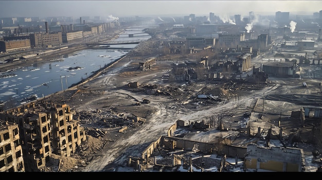 The image shows the ruins of a city after a nuclear war