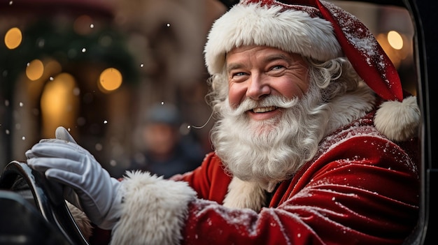 An image shows Santa Claus giving a thumbs up while operating a red