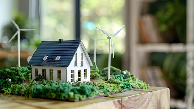 Photo the image shows a scale model of a greenroofed white house with wind turbines on a wooden table