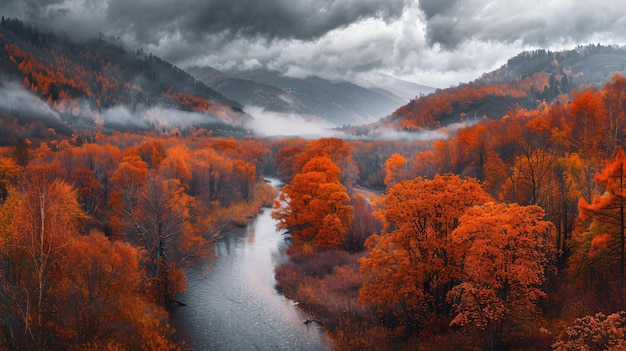 The image shows a stunning autumn landscape in a mountainous region