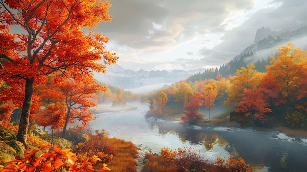 The image shows a stunning autumn landscape in a mountainous region